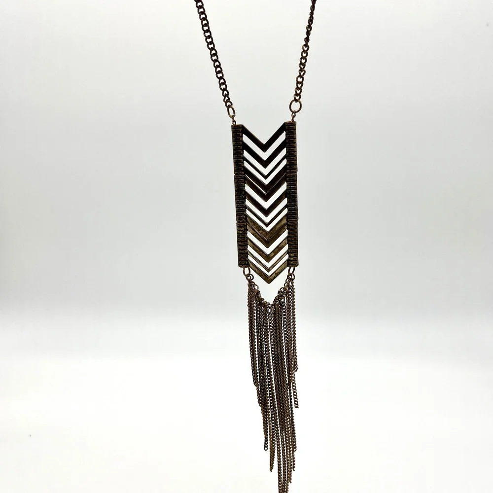 Chevron Tassel Pendant‎ Necklace Bronze Tone Long Chain Fashion Jewelry